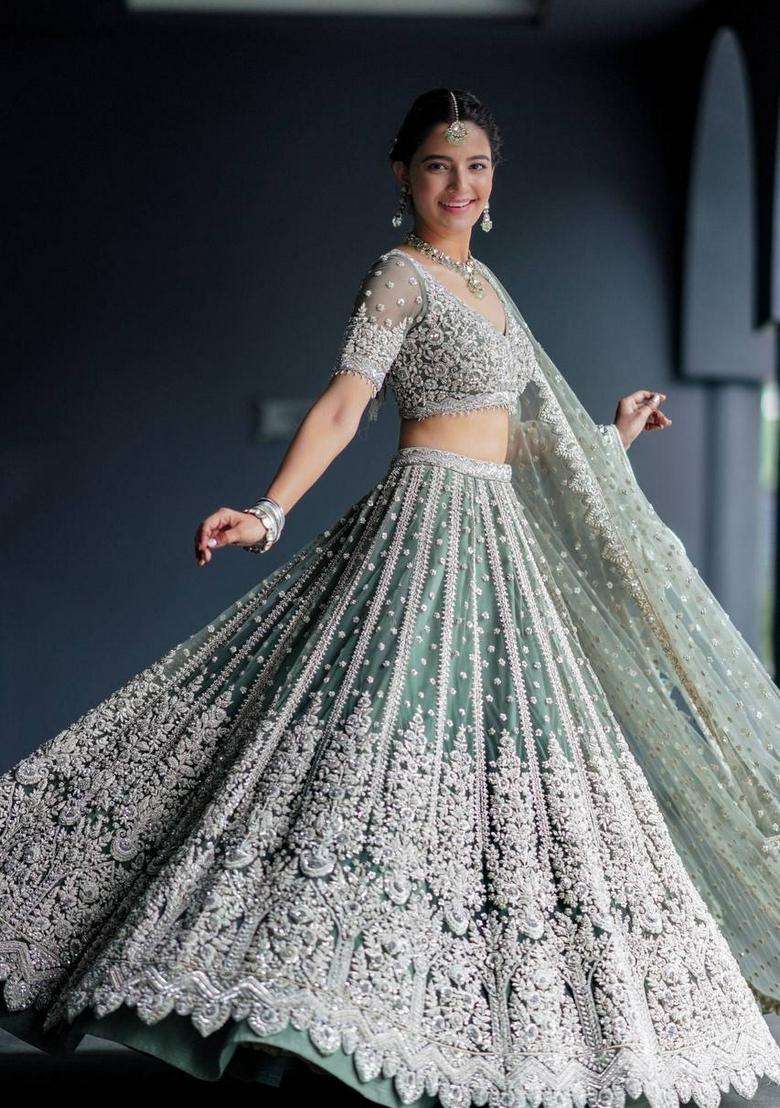 Pista Sequins Work Net Lehenga Set for Diwali and Festive Wear - Indya