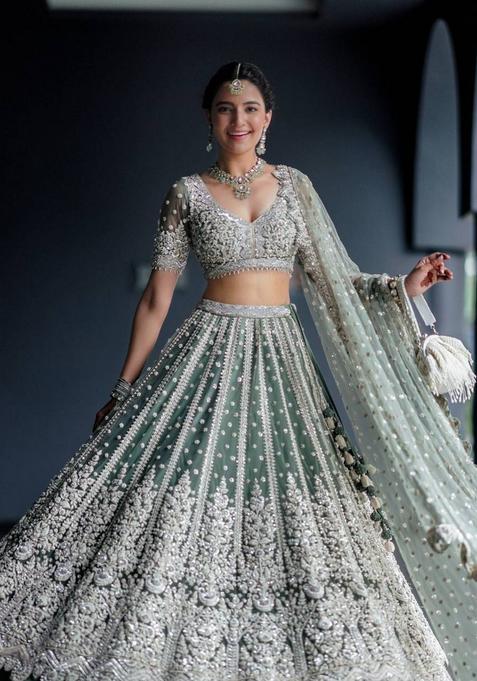 Pista Sequins Work Net Lehenga Set