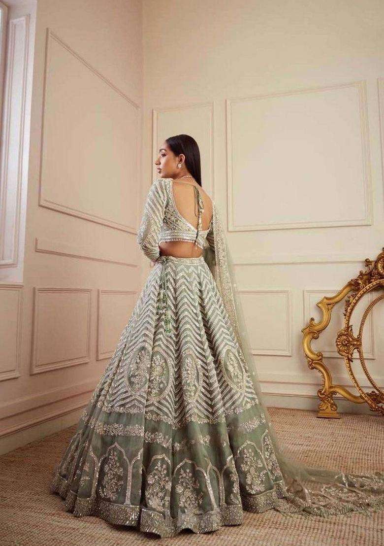 Pista Zari Work Georgette Lehenga Set for Diwali and Festive Wear - Indya