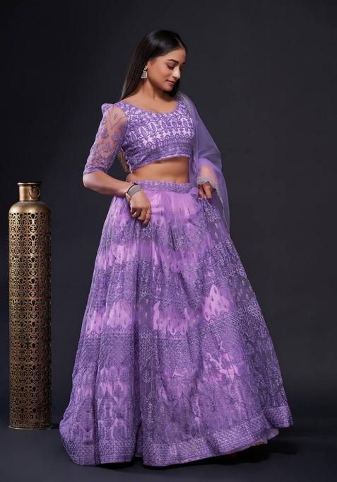 Lavender Sequins Work Net Lehenga Set