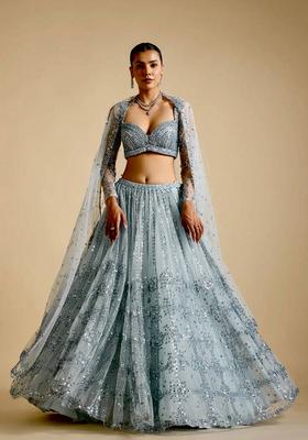 Grey Sequins Work Net Lehenga Set