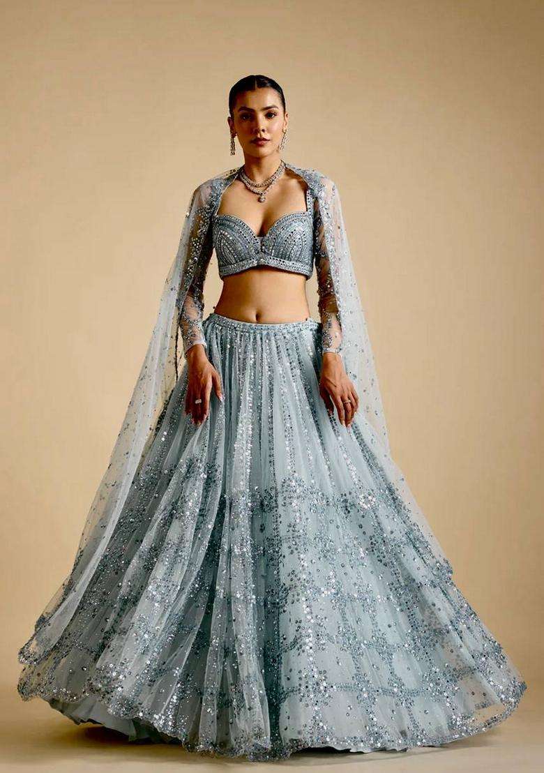 Grey Sequins Work Net Lehenga Set - Indya