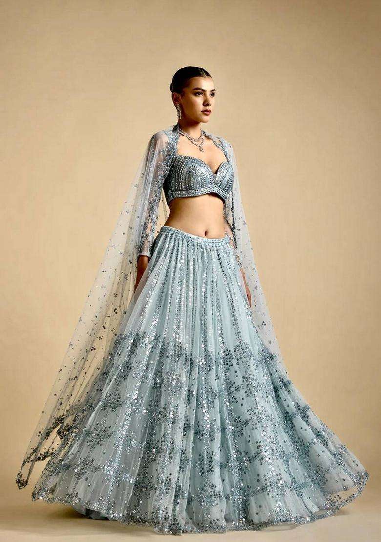 Grey Sequins Work Net Lehenga Set - Indya