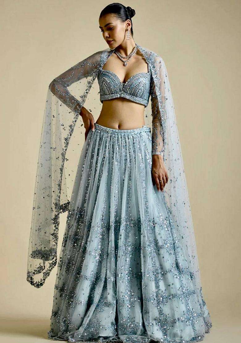 Grey Sequins Work Net Lehenga Set - Indya
