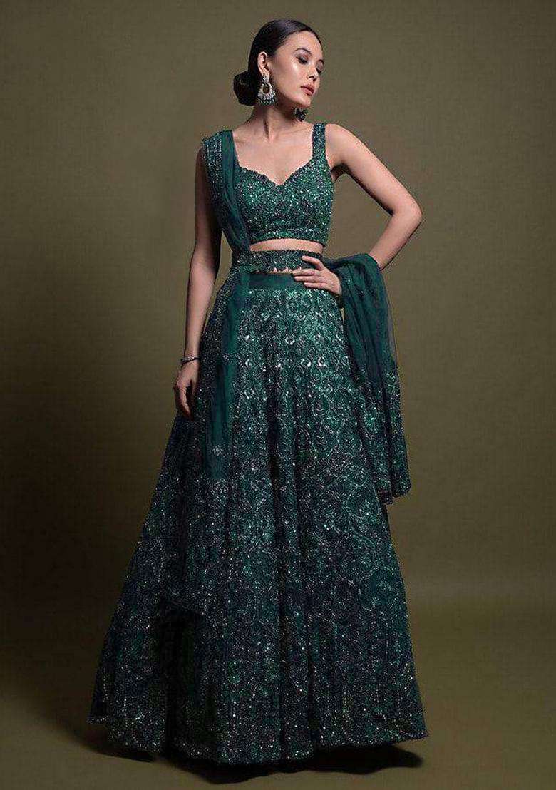 Green Work Net Lehenga Set with Sequins for Diwali | Wedding & Festive Wear - Indya