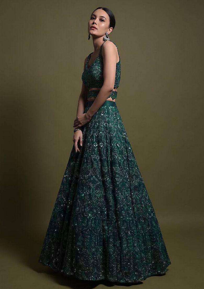Green Work Net Lehenga Set with Sequins for Diwali | Wedding & Festive Wear - Indya