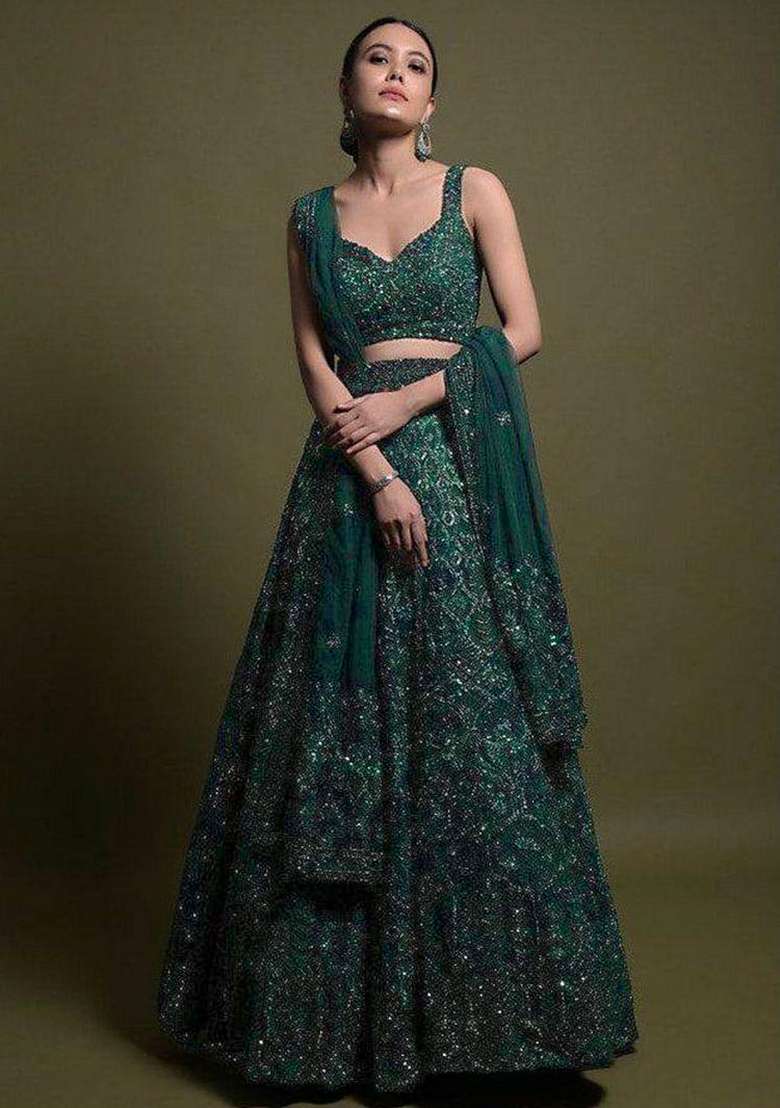 Green Work Net Lehenga Set with Sequins for Diwali | Wedding & Festive Wear - Indya