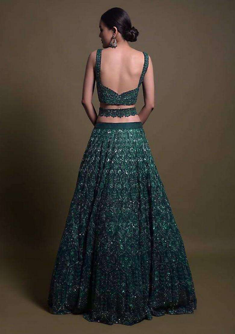 Green Work Net Lehenga Set with Sequins for Diwali | Wedding & Festive Wear - Indya