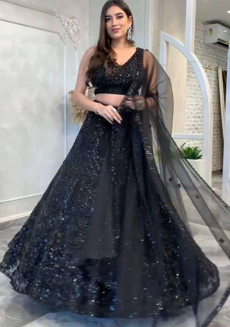 Black Sequins Work Net Lehenga Set for Diwali and Festive Wear - Indya