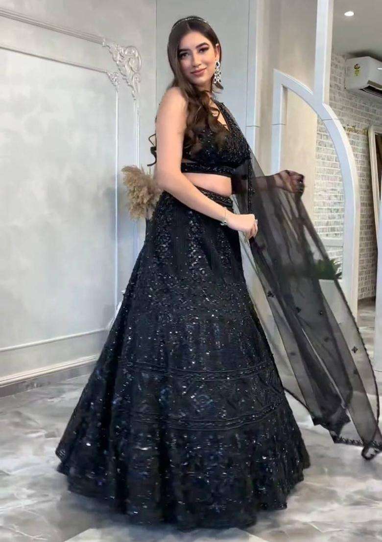 Black Sequins Work Net Lehenga Set for Diwali and Festive Wear - Indya