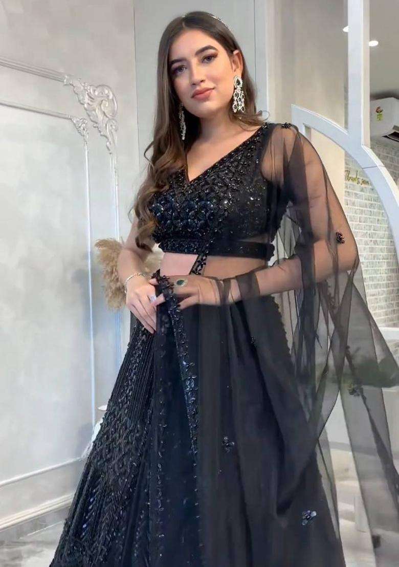 Black Sequins Work Net Lehenga Set for Diwali and Festive Wear - Indya