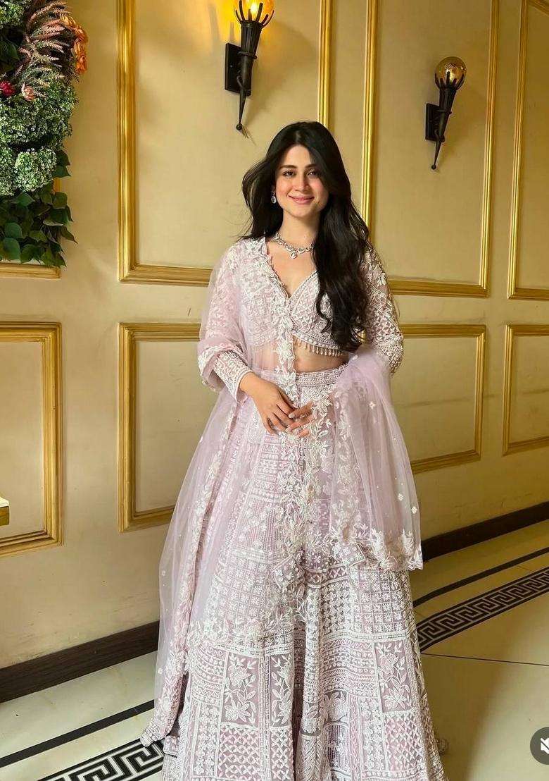 Pink Sequins Work Net Lehenga Set for Diwali and Festive Wear - Indya