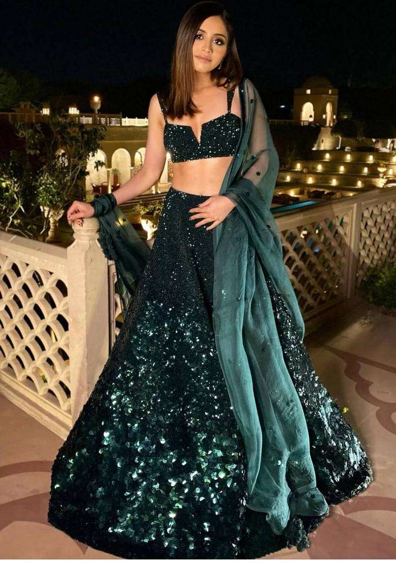 Green Sequins Work Georgette Lehenga Set for Diwali and Festive Wear - Indya