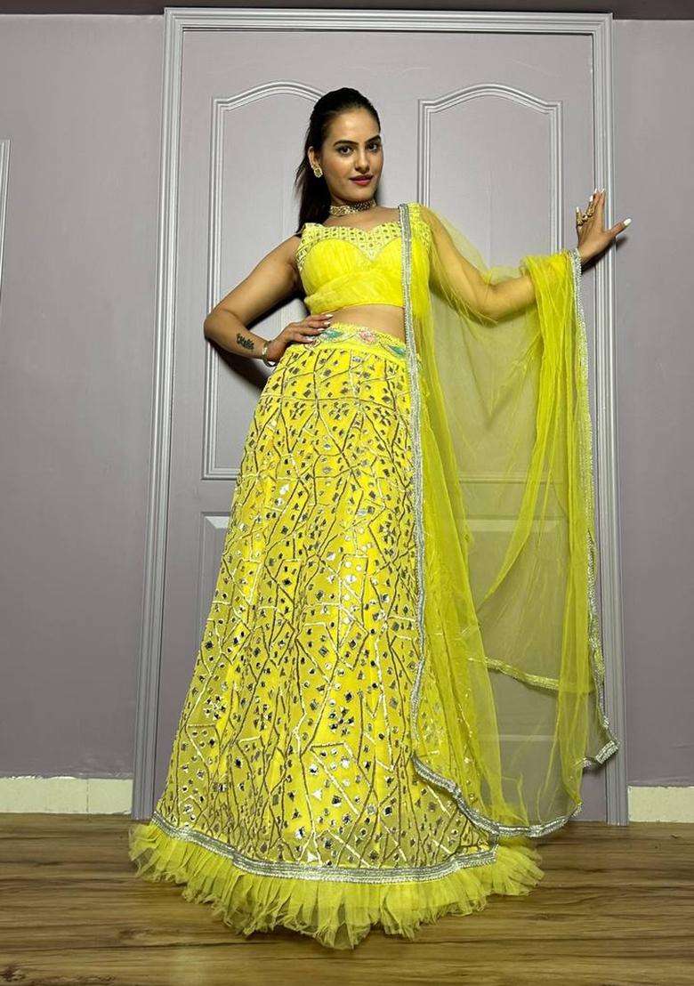 Parrot Green Zari Work Georgette Lehenga Set for Diwali and Festive Wear - Indya
