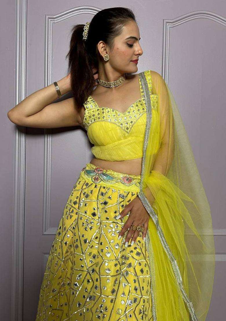Parrot Green Zari Work Georgette Lehenga Set for Diwali and Festive Wear - Indya