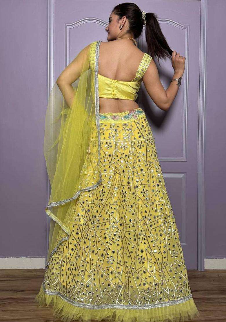 Parrot Green Zari Work Georgette Lehenga Set for Diwali and Festive Wear - Indya