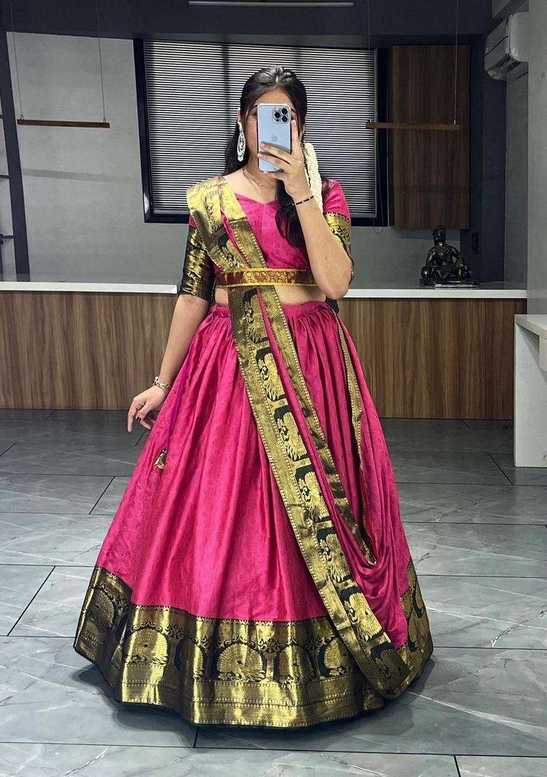 Pink Weaving Work Cotton Lehenga Set - Indya
