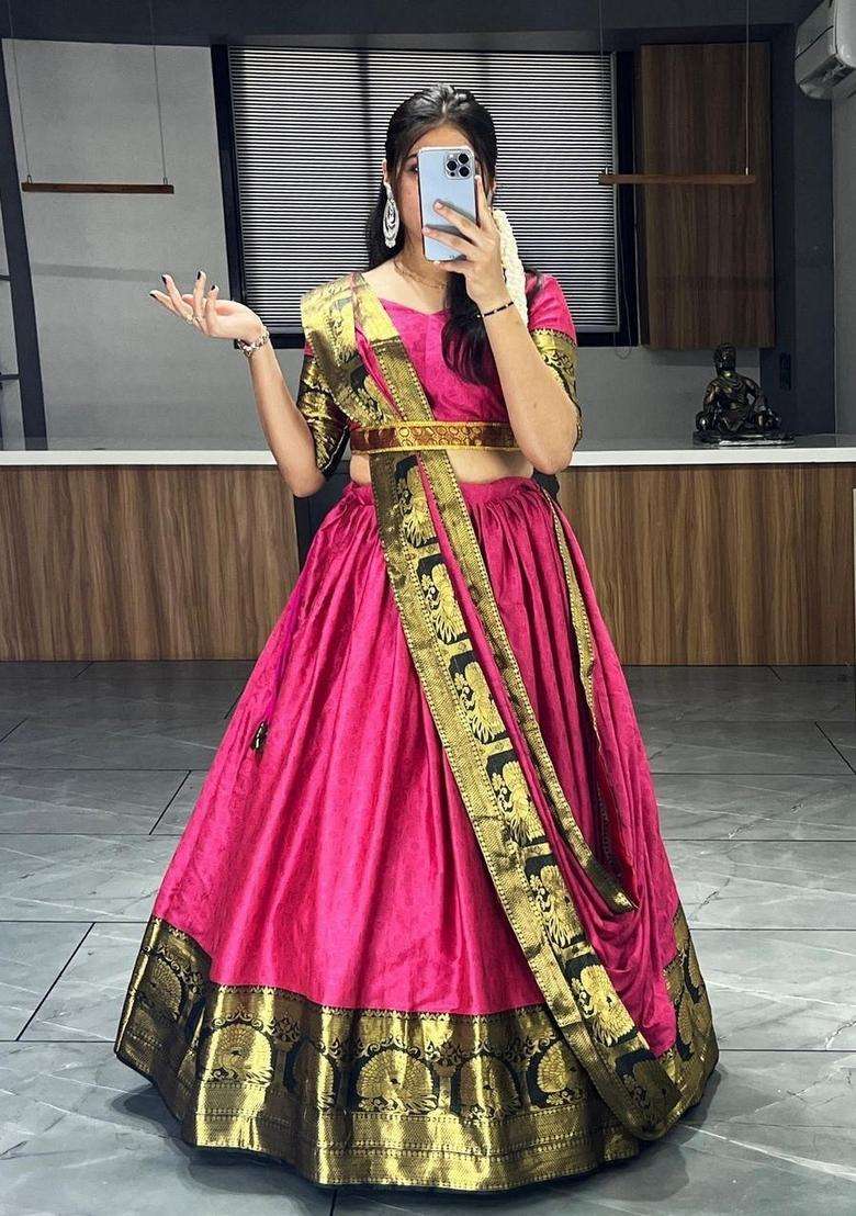 Pink Weaving Work Cotton Lehenga Set - Indya