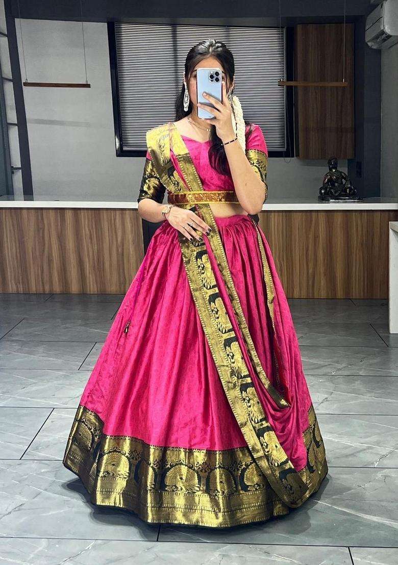 Pink Weaving Work Cotton Lehenga Set - Indya