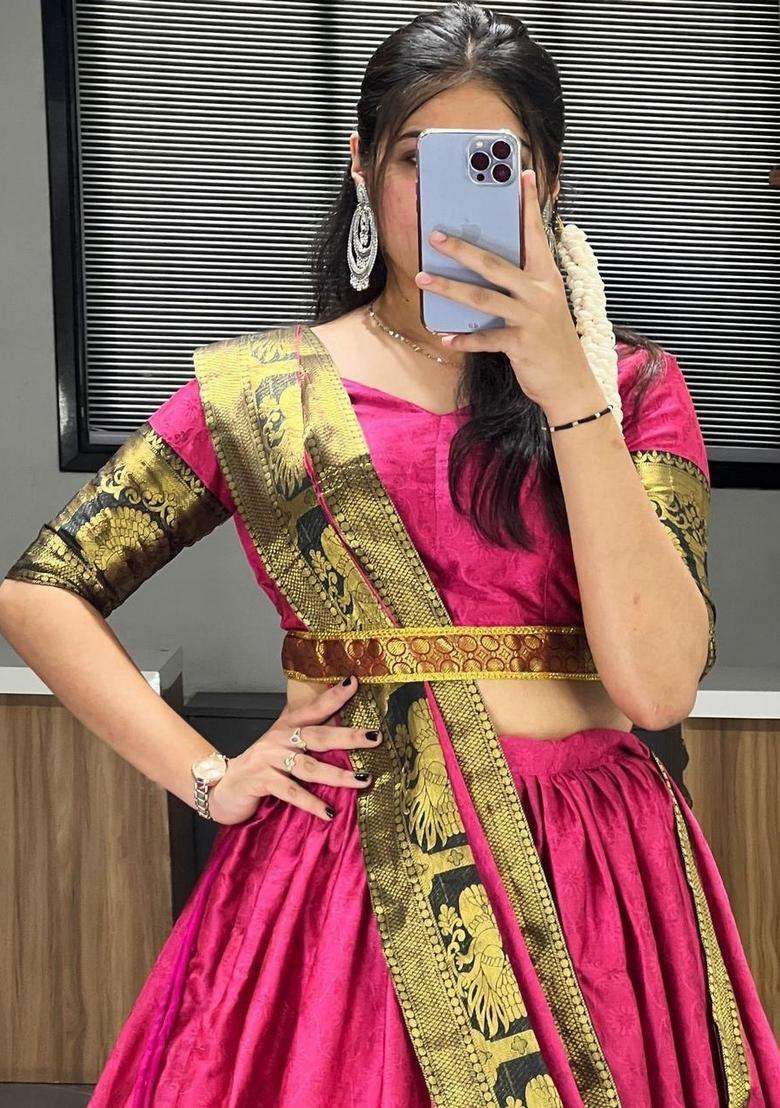 Pink Weaving Work Cotton Lehenga Set - Indya
