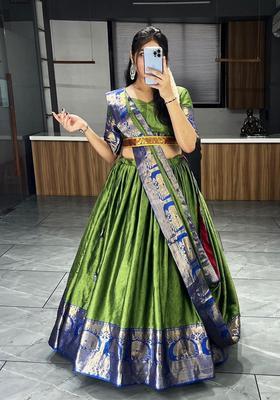 Green Weaving Work Cotton Lehenga Set