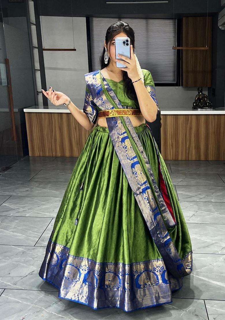 Green Weaving Work Cotton Lehenga Set - Indya
