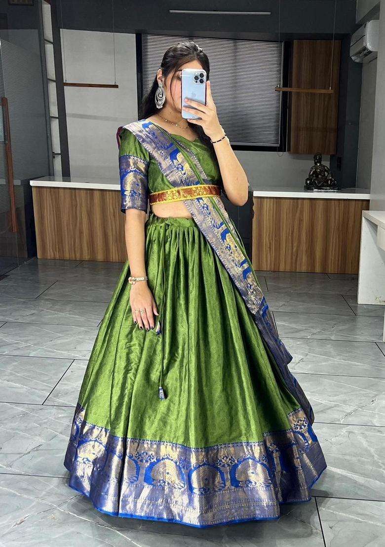 Green Weaving Work Cotton Lehenga Set - Indya
