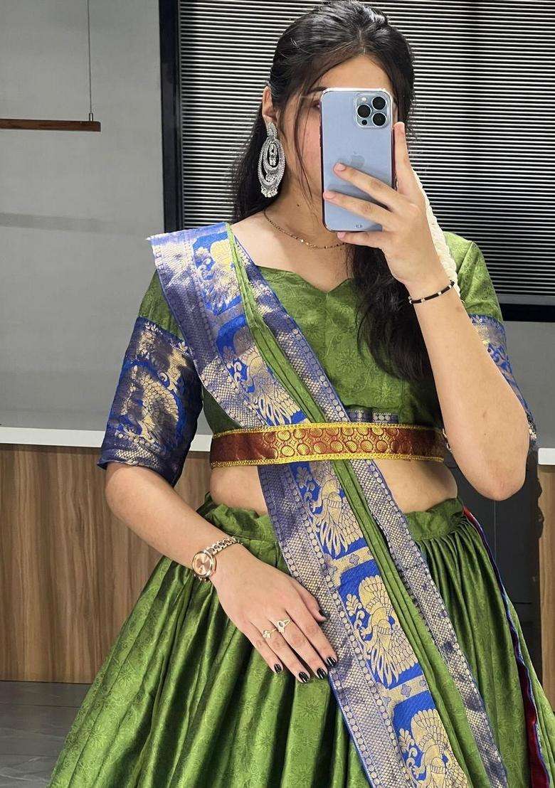 Green Weaving Work Cotton Lehenga Set - Indya