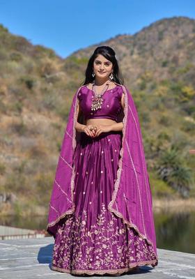 Wine Embroidery Chinon Lehenga Set