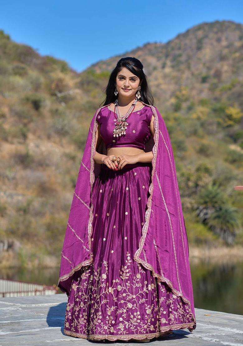 Wine Embroidery Chinon Lehenga Set - Indya
