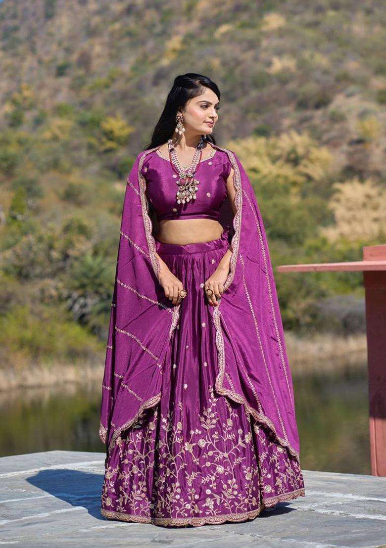 Wine Embroidery Chinon Lehenga Set - Indya