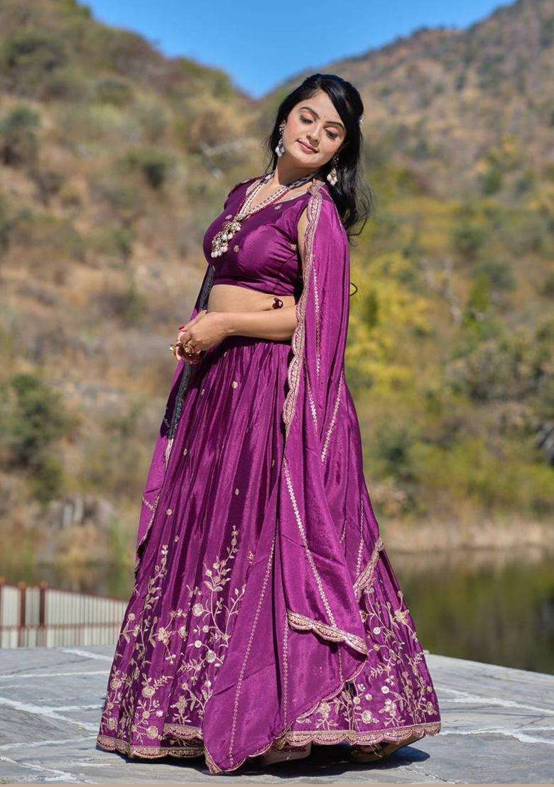 Wine Embroidery Chinon Lehenga Set - Indya