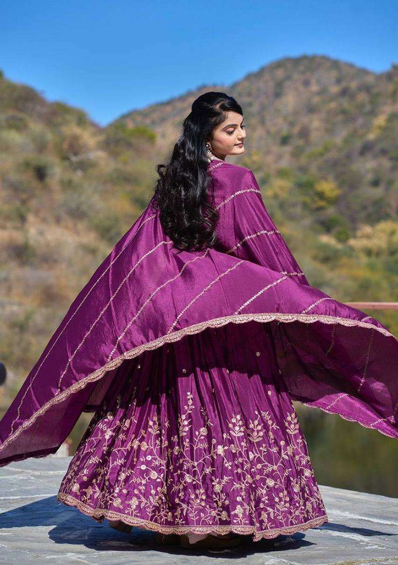 Wine Embroidery Chinon Lehenga Set - Indya