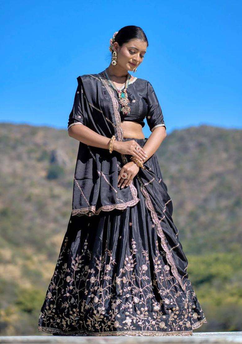 Black Embroidery Chinon Lehenga Set - Indya