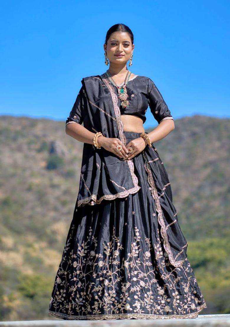 Black Embroidery Chinon Lehenga Set - Indya