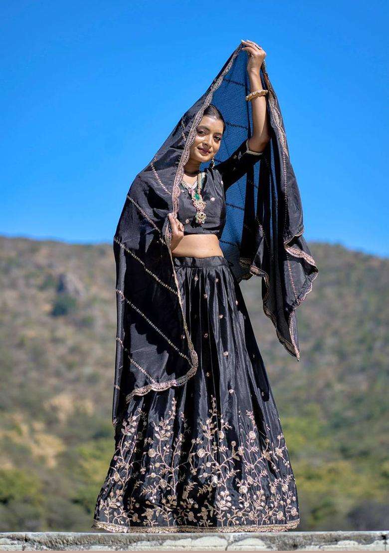 Black Embroidery Chinon Lehenga Set - Indya