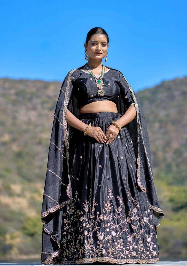 Black Embroidery Chinon Lehenga Set - Indya