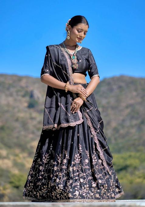 Black Embroidery Chinon Lehenga Set