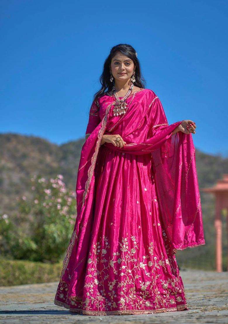 Rani Pink Embroidery Chinon Lehenga Set - Indya