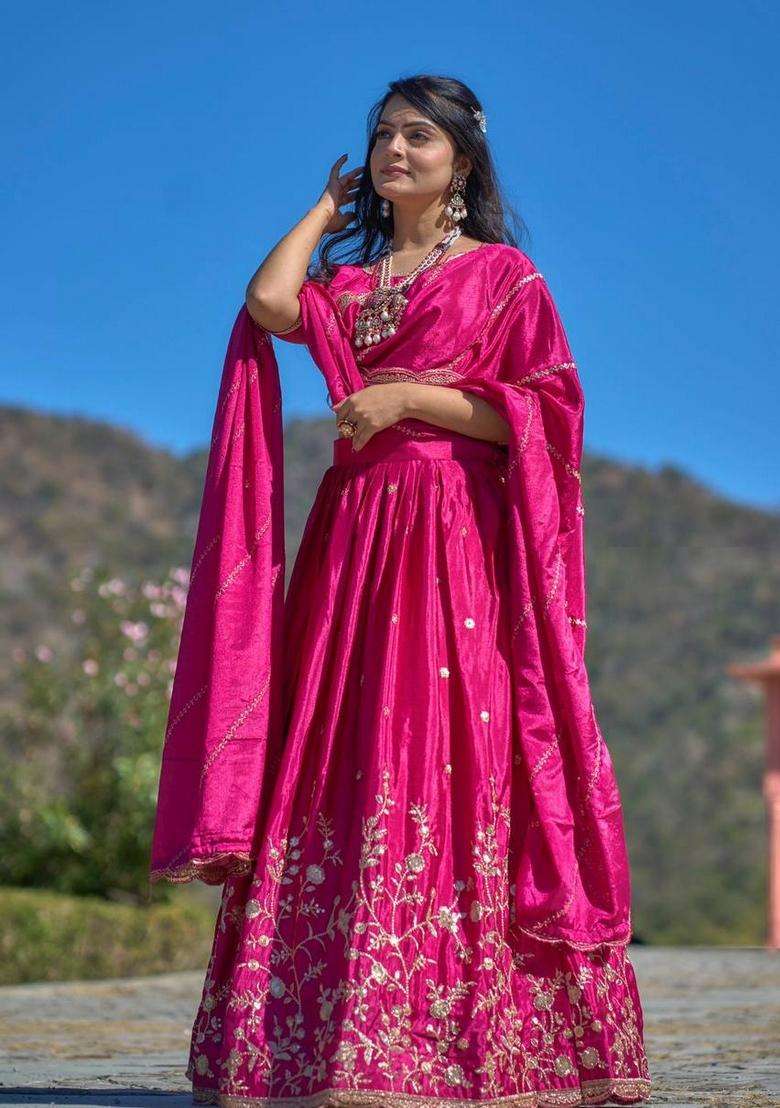 Rani Pink Embroidery Chinon Lehenga Set - Indya