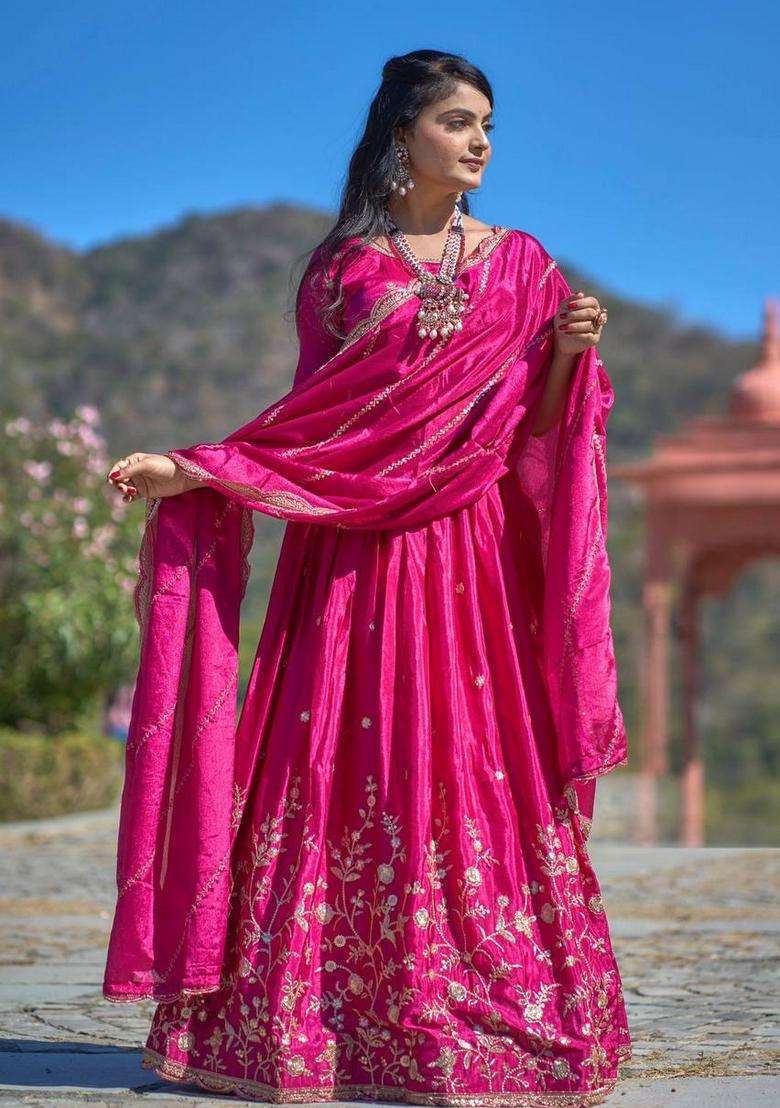 Rani Pink Embroidery Chinon Lehenga Set - Indya