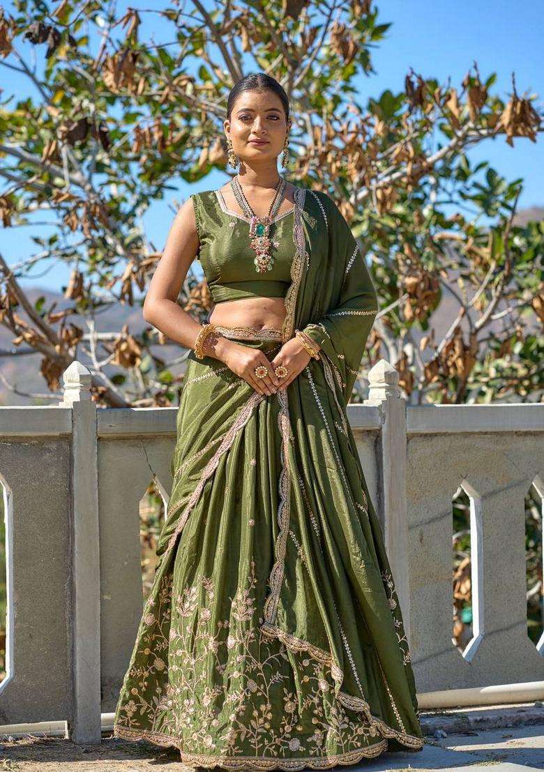 Mehandi Embroidery Chinon Lehenga Set - Indya