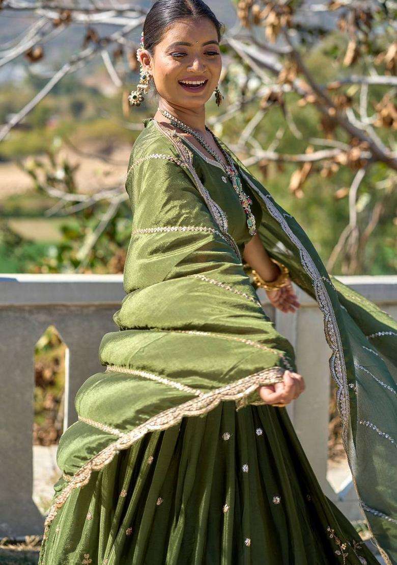 Mehandi Embroidery Chinon Lehenga Set - Indya