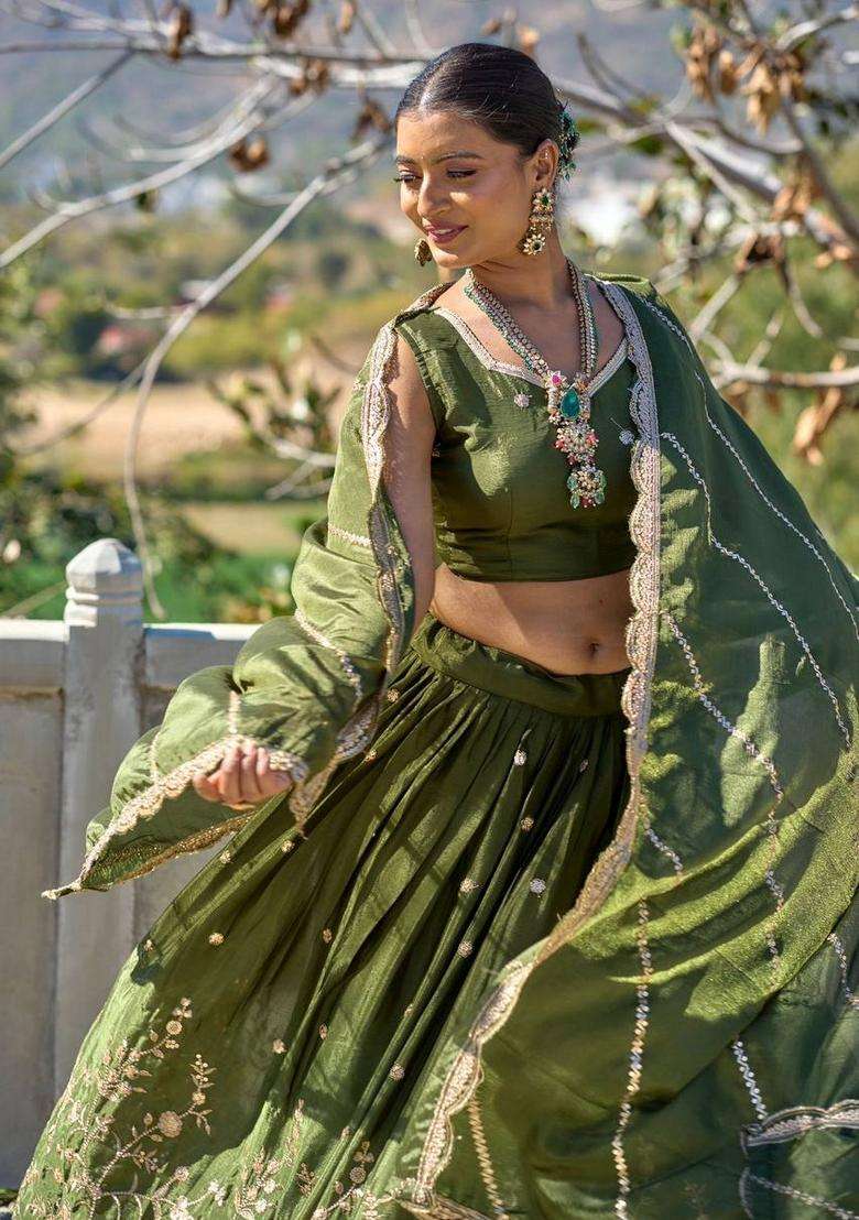 Mehandi Embroidery Chinon Lehenga Set - Indya