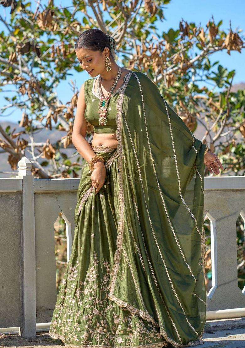 Mehandi Embroidery Chinon Lehenga Set - Indya