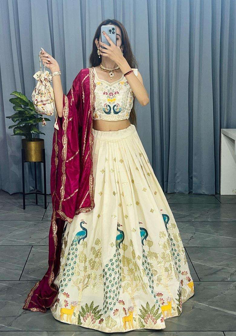 Cream Embroidery Cotton Lehenga Set - Indya