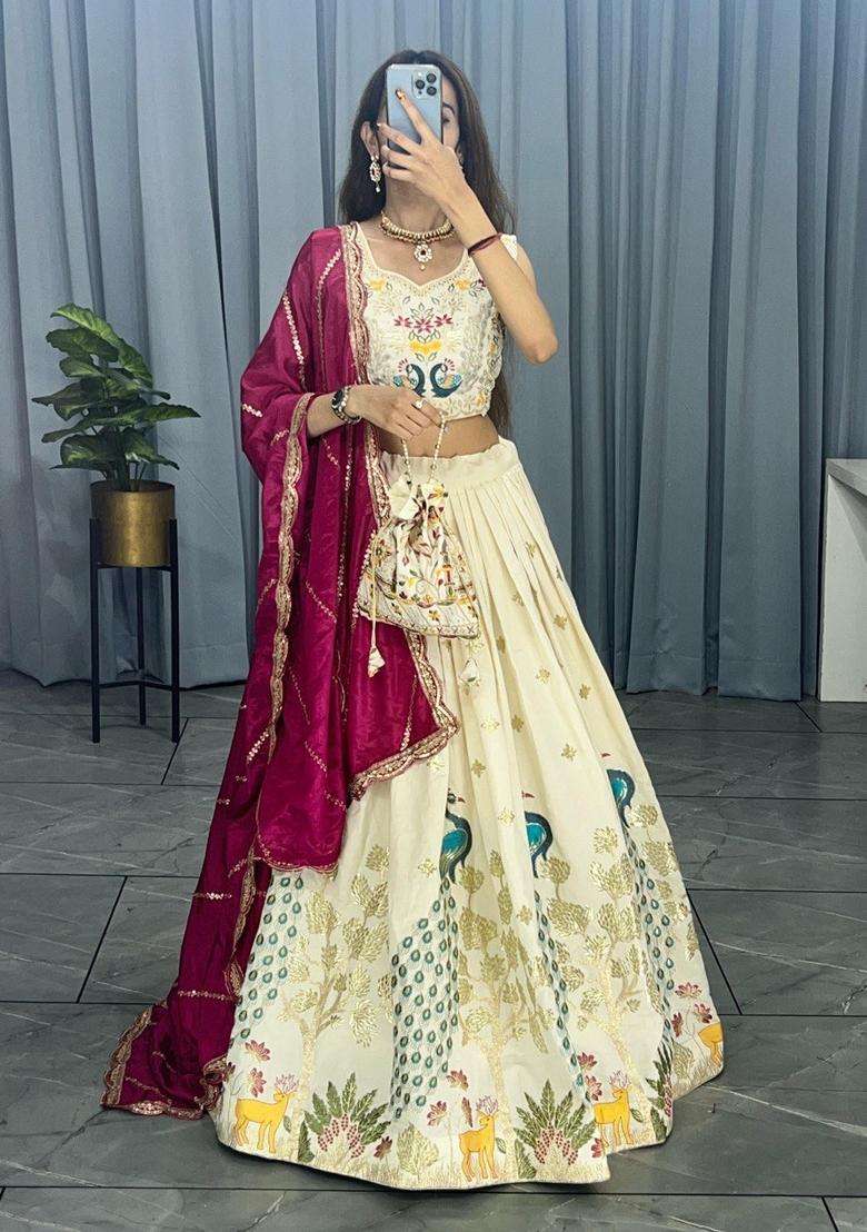 Cream Embroidery Cotton Lehenga Set - Indya