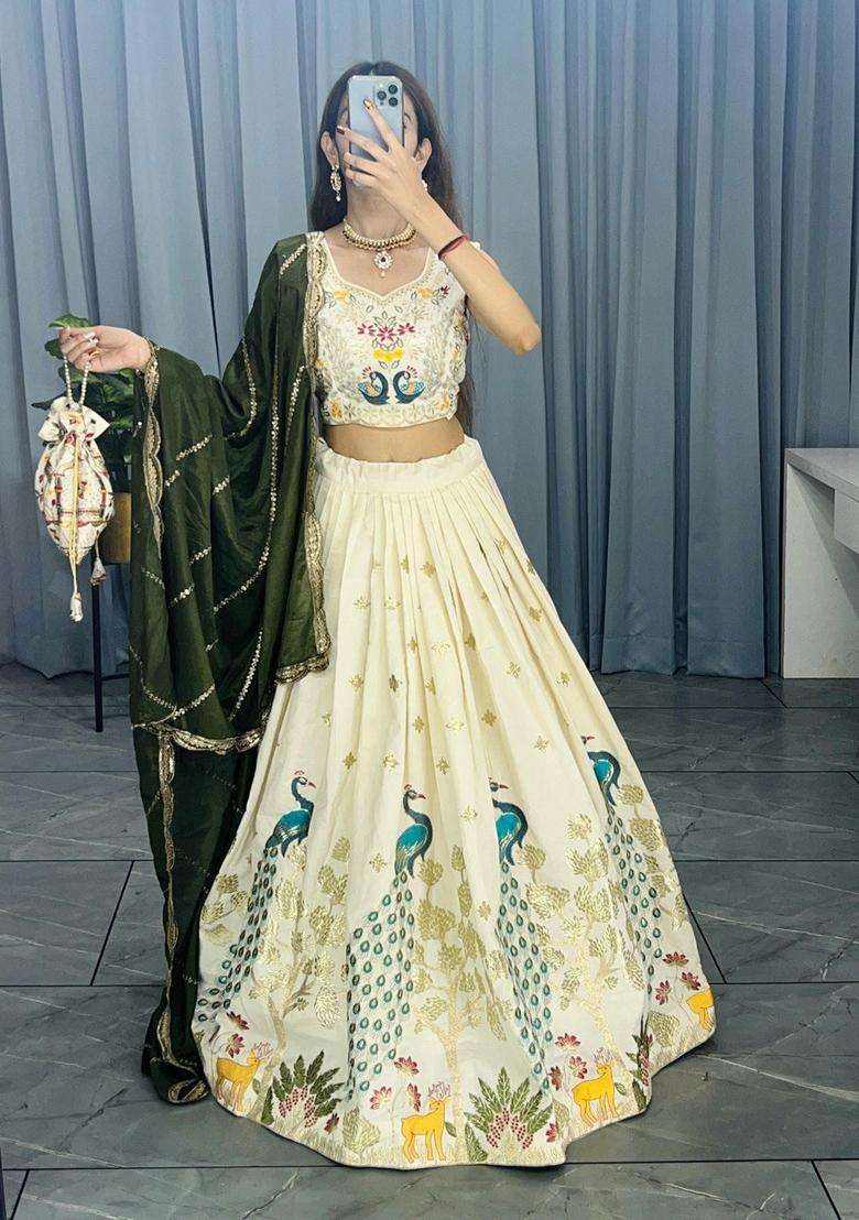 Cream Embroidery Cotton Lehenga Set - Indya