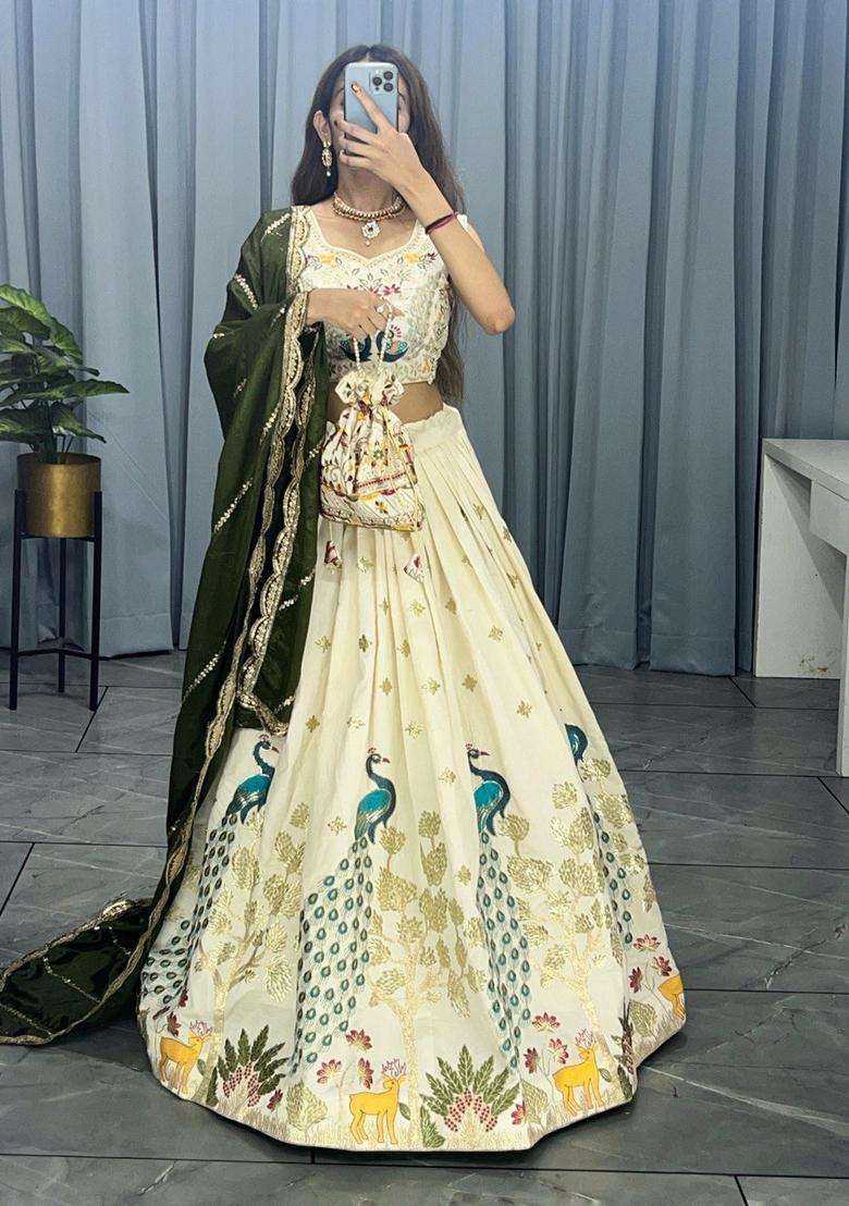 Cream Embroidery Cotton Lehenga Set - Indya