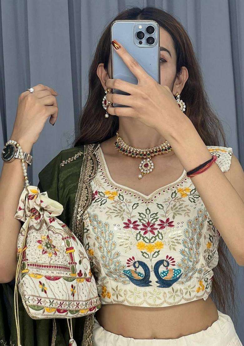 Cream Embroidery Cotton Lehenga Set - Indya